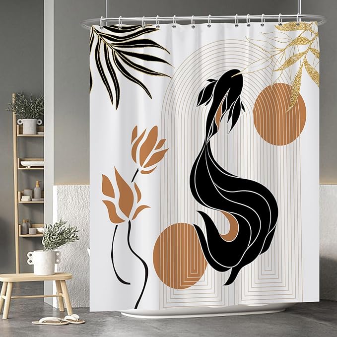 Baocicoo Bohemia Abstract Goldfish Shower Curtain Leaves Lotus Shower Curtain for Bathroom Art Home Hotel Hostel Bathtub Cubicle Decor Waterproof Curtain for Bathroom with Hooks 72x84 Inches