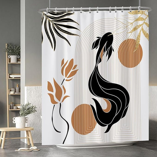 Baocicoo Bohemia Abstract Goldfish Shower Curtain Leaves Lotus Shower Curtain for Bathroom Art Home Hotel Hostel Bathtub Cubicle Decor Waterproof Curtain for Bathroom with Hooks 72x84 Inches