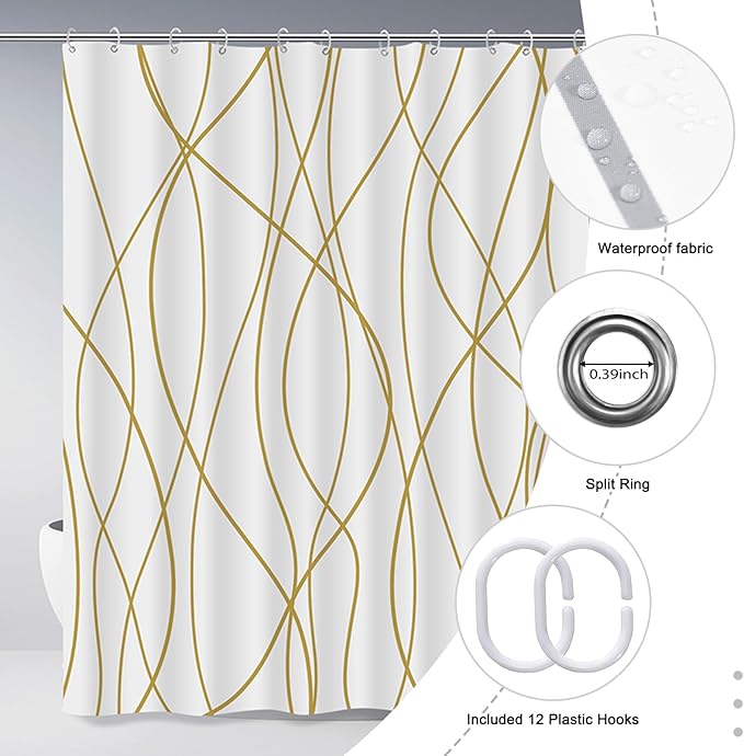 Punkray Gold Light Brown and White Striped Wavy Line Polyester Shower Curtain for Bathroom with Hooks, Extra Long Shower Curtain Set Decor Weighted Hem Washable, 72 x 78