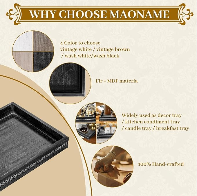 MAONAME Wood Serving Tray, Farmhouse Wooden Tray for Coffee Table, Rustic Square Trays with Beads, Vintage Black Decorative Trays for Living Room, Kitchen, 12" X 12" X 1.6"
