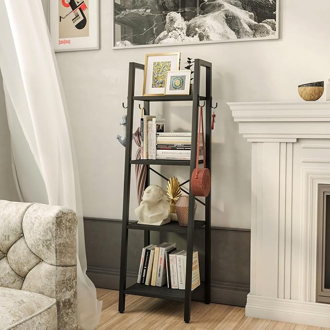 YMYNY 4 Tiers Ladder Bookcase, Industrial Narrow Bookshelf, Open Display Rack with 4 S Hooks, Metal Storage Shelves for Bedroom, Home Office, Living Room, Black, 49.2H*13.4L*11.8W, UHBC024B