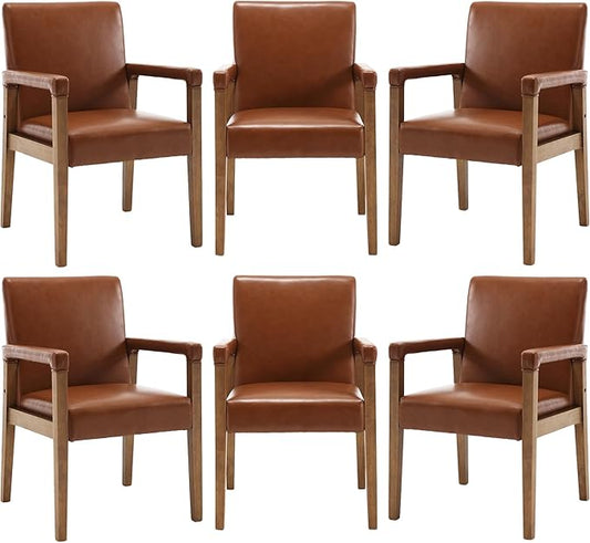 Mid Century Modern Dining Chairs Set of 6 Faux Leather Upholstered Living Room Side Chair, Kitchen Arm Chair with Solid Wood Legs for Home Kitchen & Restaurant, PU Brown