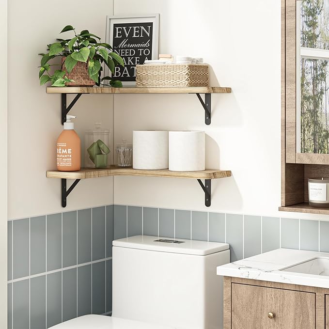 YGEOMER Corner Floating Shelves, Wall Mounted Corner Shelf for Bathroom, Kitchen, Bedroom, Home Decor, Laundry Room, Living Room(Set of 4 Rustic Brown)