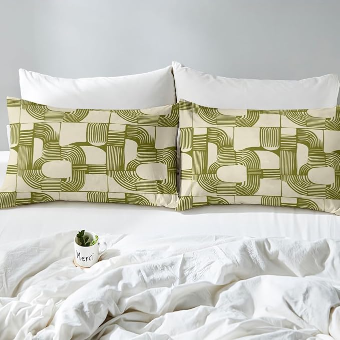 Erosebridal Boho Ethnic Boys Duvet Cover Full Size Geometric Stripes Bedding Set 3 Piece Light Olive Green Bohemian Striped Comforter Cover Modern Simple Aesthetics Bed Sets for Kids Teens Adult Men