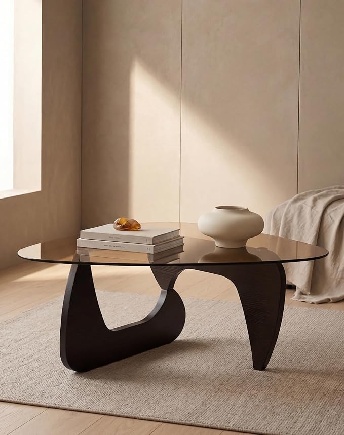Black Glass Coffee Table for Living Room, 35.82" Small Triangle Coffee Table with Smoked Glass Top and MDF Wood Base, Mid Century Modern Center Table for Apartment, Sofa, Small Space