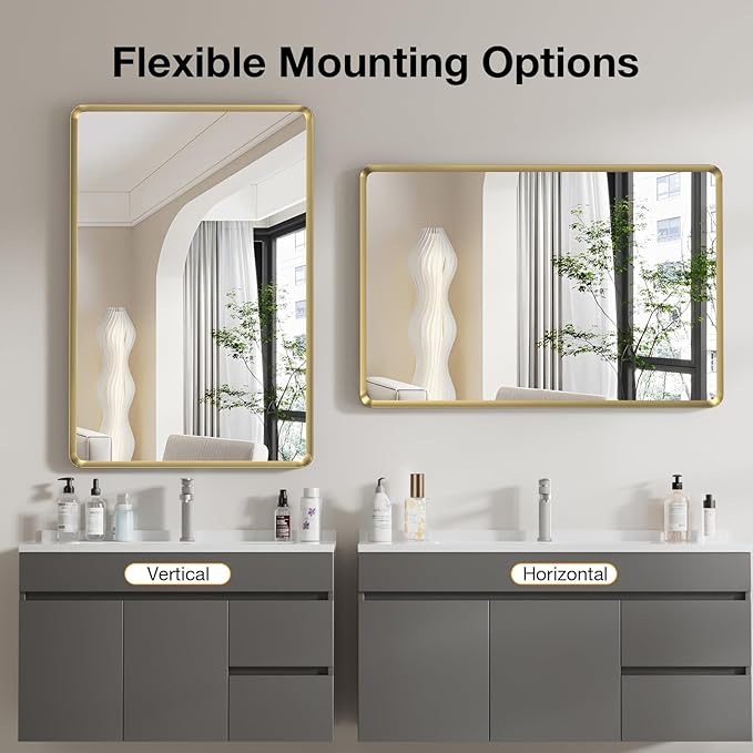 24x36 inch Gold Bathroom Mirror, Brushed Gold Metal Framed Rounded Rectangle Wall Mount Vanity Mirror, HD Tempered Glass, Aluminum Frame, Horizontal or Vertical Hanging, Modern Home Decor