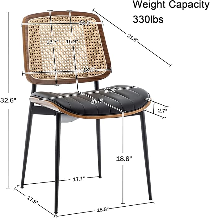 LUNLING Dining Chairs Set of 2 Mid Century Modern Retro Faux Leather Kitchen Chairs with Walnut Bentwood Upholstered Seat Metal Legs Adjustable Foot for Kitchen Dining Room Chairs(Black-Rattan Back)