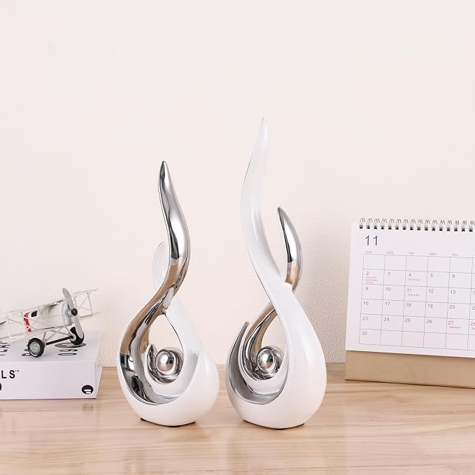 2PCS Abstract Art Ceramic Sculptures, Modern Decor Figurines for Living Room Decorative Objects, Sculptures Home Decor Set for Table, TV Stand, Entryway, Bookshelf Display (White Silver)