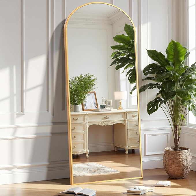 OLIXIS Arched Full Length Mirror for Bedroom, 58"x19" Full Body Mirror with Stand, Hanging or Leaning for Wall, Aluminum Alloy Thin Frame Floor Standing for Living Room, Long, Gold
