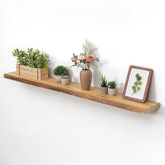 55 Inch Floating Shelves for Wall, Solid Elm Wood Live Edge Wall Shelf for Home Decor, 8 Inch Deep Floating Shelf, 55 x 8 Wooden Shelves for Bathroom Living Room Kitchen, Natural Color, Set of 1