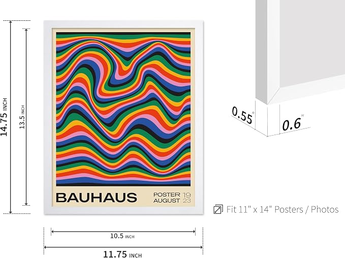 Poster Master Bauhaus Poster - Psychedelic Waves Print - Abstract ART - Rainbow ART - Groovy Style - Chic Boho - Mid Century Modern - Living Room or Bedroom Wall Decor - 11x14 White Framed