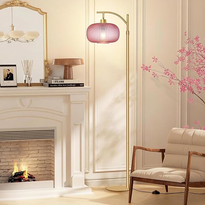 Glass Floor Lamp for Living Room, Modern Tall Standing Lamp with Pink Glass Lamp Shade, Dimmable Gold Tall Floor Lamp for Bedroom Office with Remote Control, 1 x 12W LED Bulbs Included