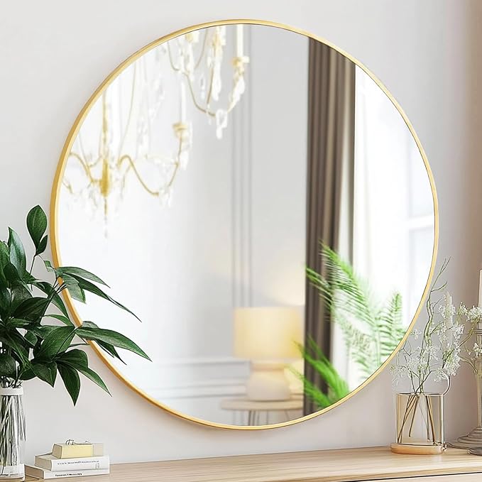 Sunniry Gold Round Mirror 30 inch, Large Circle Mirror, Round Wall Mirror Brushed Metal Frame, Gold Circle Mirrors for Wall, Bathroom, Living Room, Hallway.