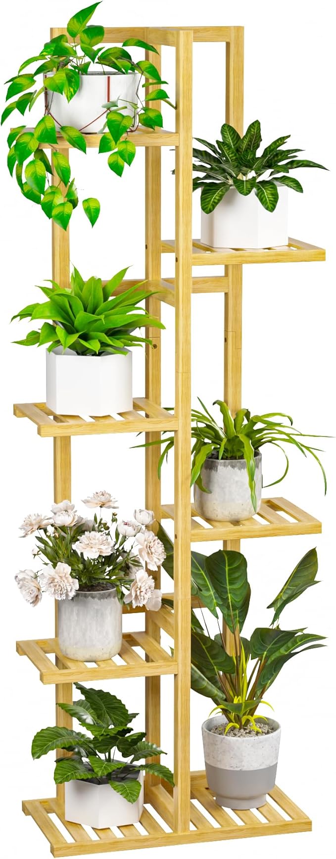 ROMGUAR CRAFT 6 Tier Bamboo Plant Stand Indoor, Wood Tall Flower Holder Corner Tiered Plant Shelf for Multiple Plants (Natural)