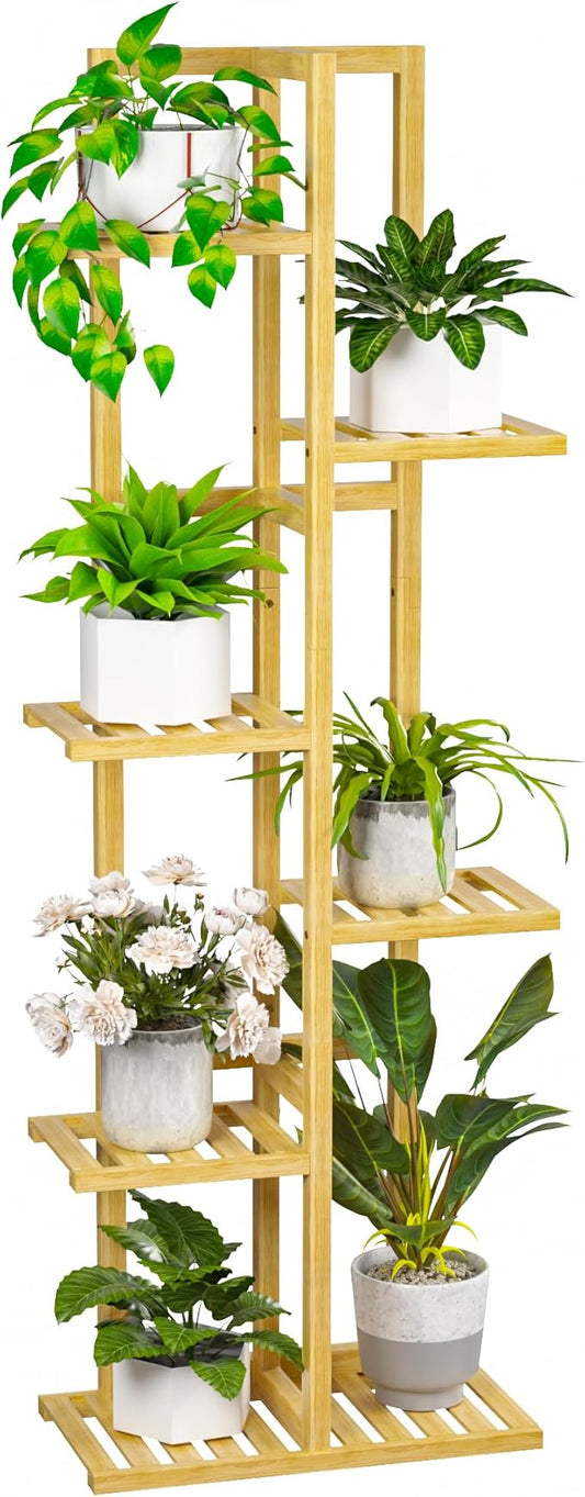 ROMGUAR CRAFT 6 Tier Bamboo Plant Stand Indoor, Wood Tall Flower Holder Corner Tiered Plant Shelf for Multiple Plants (Natural)