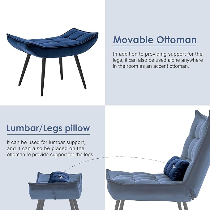 MCombo Accent Chair with Ottoman, Modern Velvet Wingback Lounge Chair, Upholstered Club Chair for Small Space, Living Room & Bedroom 4079 (1, Blue)