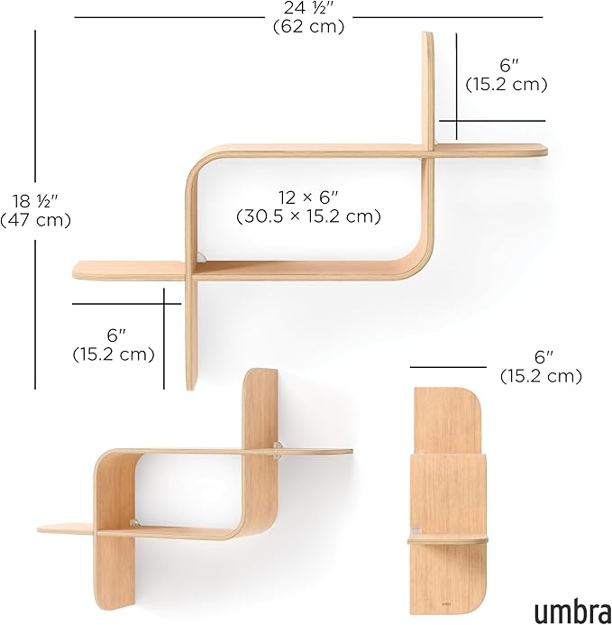 Umbra Montage Floating Wall Shelf Display Case, Made of Natural Bent Wood, Natural