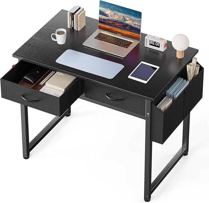 DUMOS 32" Home Office Computer Desk with Drawers, Small Gaming Writing Study Table with Storage Side Bag, Headphone Hook and Adjustable Feet for Bedroom Black