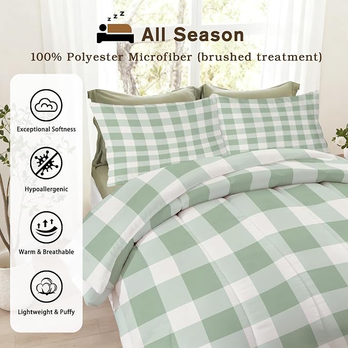 Farmhouse Plaid Full Size Comforter Sets 3 Piece, Green Buffalo Check Printed Pattern, Soft All Season Bed Comforter & 2 Pillow Sham, Checkered Bedroom Decor Reversible Bedding D-GM18