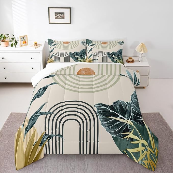 Erosebridal Mid Century Modern Toddler Comforter Set Boho Tropical Leaves Palm Leaf Bedding Set Retro Geometric Line Art Comforter for Kids Boys Girls Abstract Sun Aesthetic Arch Curve Quilt Duvet