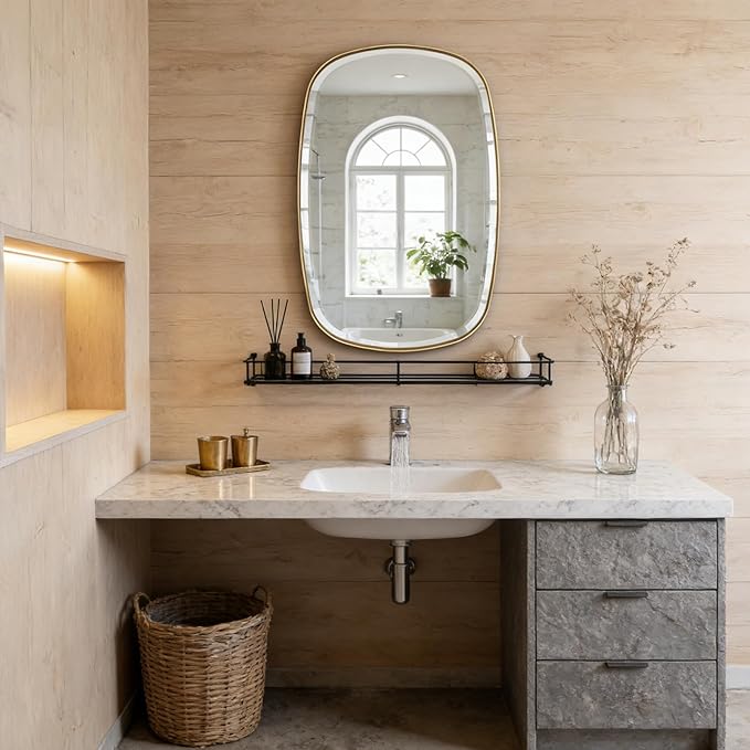 POZINO Brushed Gold Mirror, 20"x30" Brass Beveled Mirrors for Bathroom, Rounded Rectangle Mirror, Modern Vanity Wall Mirrors in Premium Stainless Steel Frame Hangs Horizontal Or Vertical