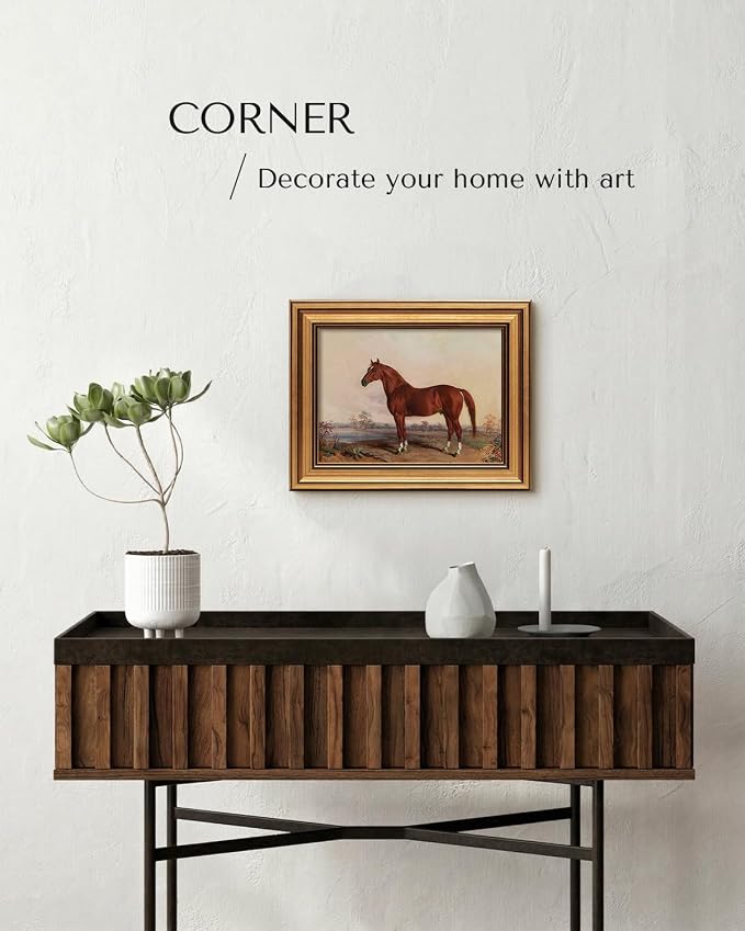 HUARCEY Gold Framed Vintage Wall Art for Living Room, Animals Painting Prints Shelf Decor for Kitchen, Aesthetic Bedroom Wall Art, Best Gifts for Friends or Family - Ferghana horse 10L x 8W