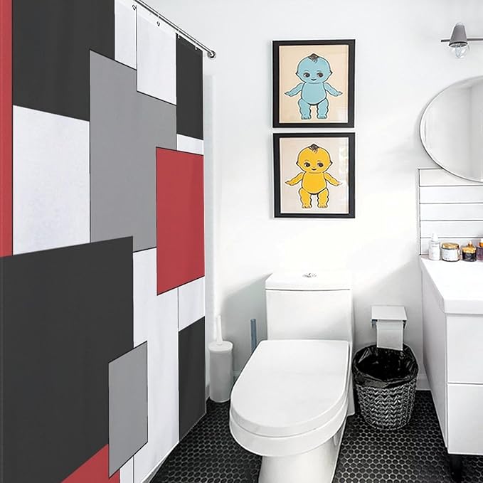 Red Black Shower Curtain,Retro Modern Geometry Minimalist Neutral Design Bathroom Curtain Polyester Waterproof Fabric Decor 72x72in（183x183cm）