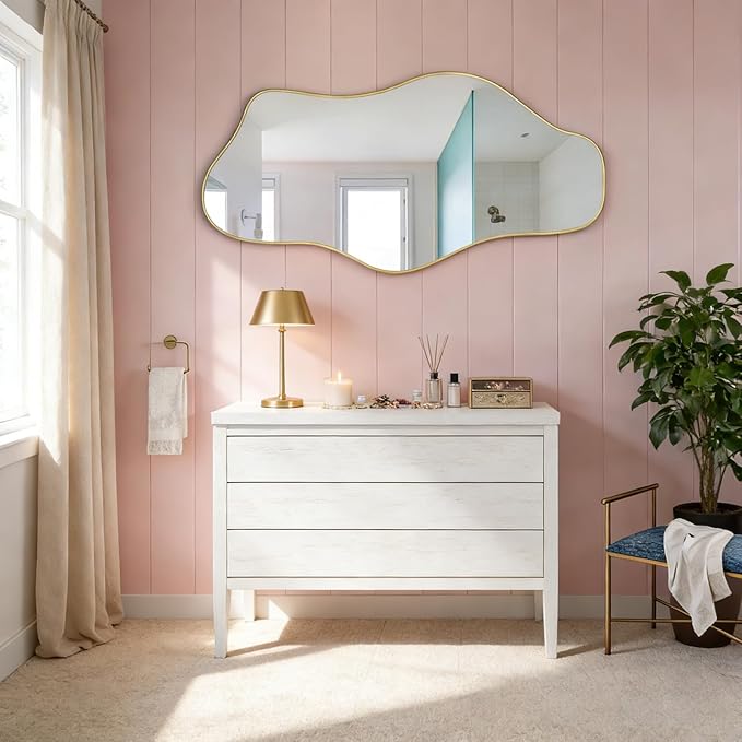 Gold Irregular Wall Mirror, 47.5"x24" Asymmetrical Tempered Glass Mirror Decorative, Modern Abstract Frameless Mirrors for Living Room Bathroom Bedroom Hallway Entryway, Horizontal or Vertical Hanging