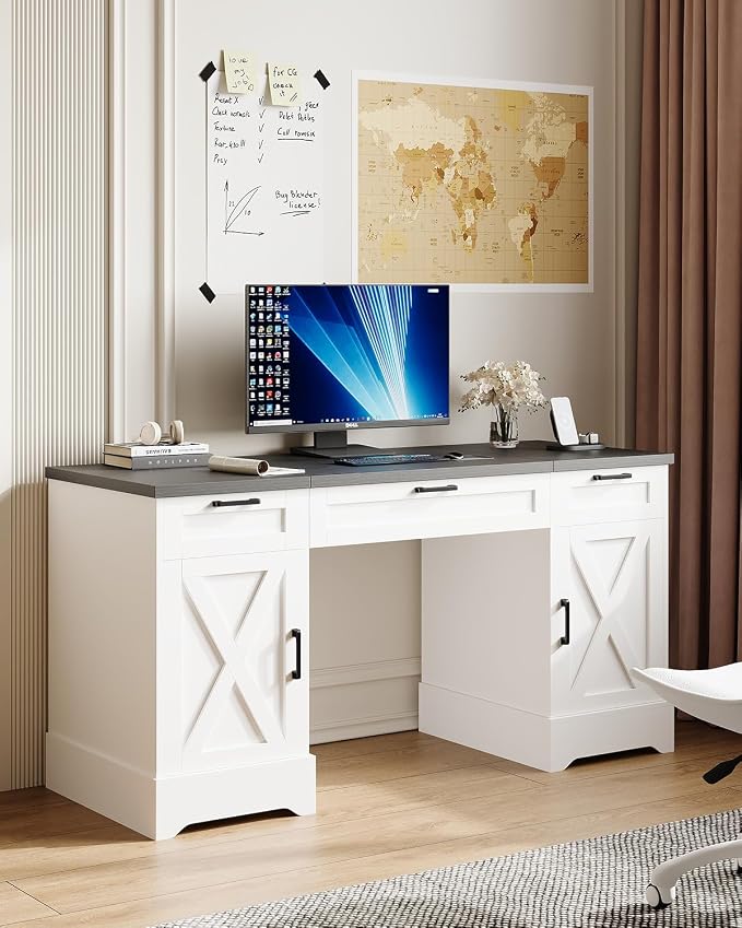 HOPUBUY Farmhouse Executive Desk with File Drawers,Wood Home Office Desk w/Charging Station,Adjustable Storage Cabinets,White Computer Writing Desk for Work,Study