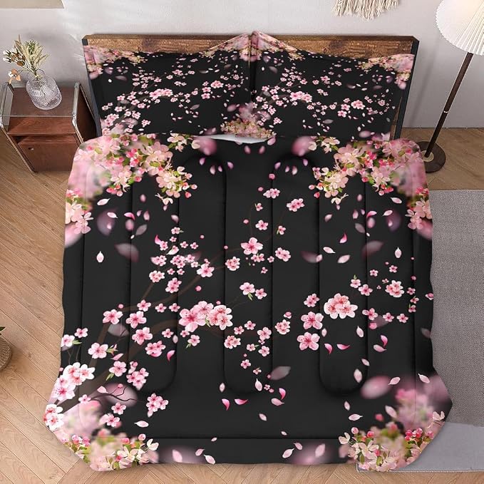 WeCozy King Size Comforter Set with 2 Pillowcases, Spring Pink Tree Cherry Soft 3 Pcs Bedding for Kids and Adults Bedroom Bed Decor