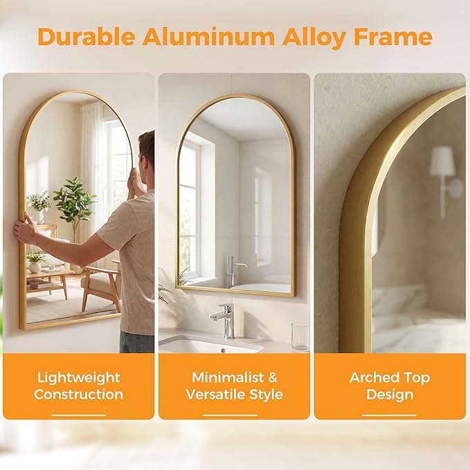 Arched Gold Bathroom Mirrors for Wall, 26x38-Inch Bathroom Mirror for Over Sink, Wall Vanity Mirror with Matte Metal Frame and HD Shatter-Proof Glass for Entryway, Living Room, Bedroom