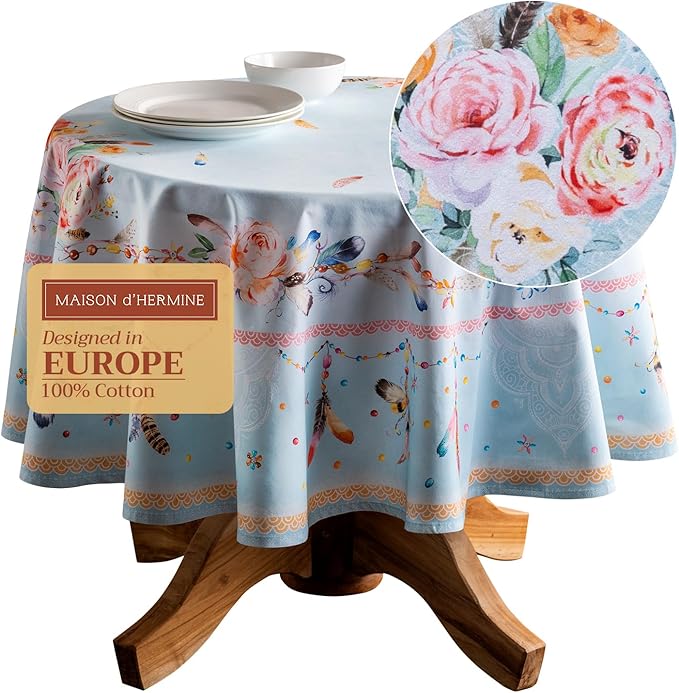 Maison d' Hermine Table Cloth Round Table 100% Cotton 69 Round Inches Tablecloth Reusable Decorative for Dining Room Farmhouse Home Valentines Day Decorations Spring Summer - Ibiza - Blue