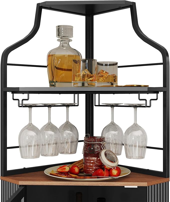 ARTPOWER Corner Bar Cabinet with LED Strip, 4-Tiers Modern Corner Coffee Bar with Glass Holder, Fluted Tall Liquor Cabinet for Kitchen, Dining Room, Living Room, Black