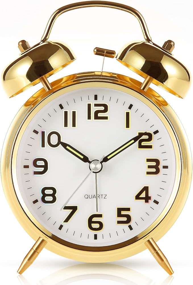 Tetino Super Loud Alarm Clock for Heavy Sleepers,4 inches Twin Bell Alarm Clock with Backlight,Battery Operated,Silent Non Ticking,for Kids,Adults,Bedrooms,Retro Decor Desk Analog Clocks. (Golden)