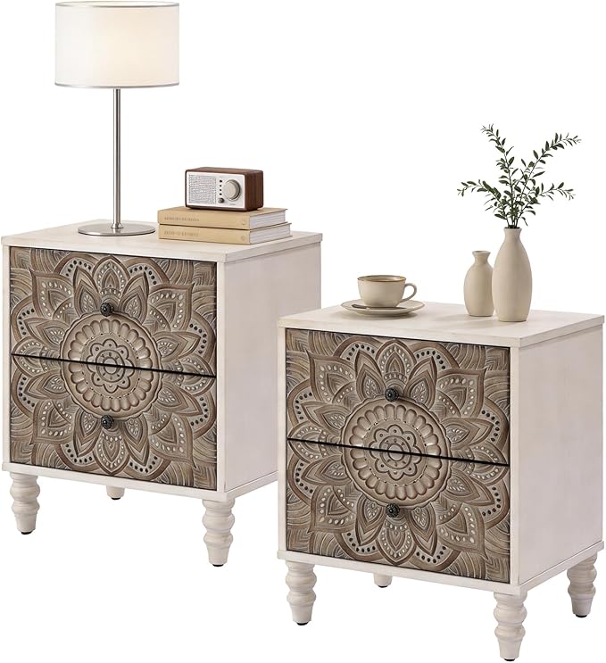 HOMPUS White Nightstands Set 2, Vintage Nightstands with 2 Drawers, Farmhouse Bedside Tables Set of 2, Easy to Assemble End Tables with Lotus Pattern for Small Spaces, Bedroom, Guest Room, White