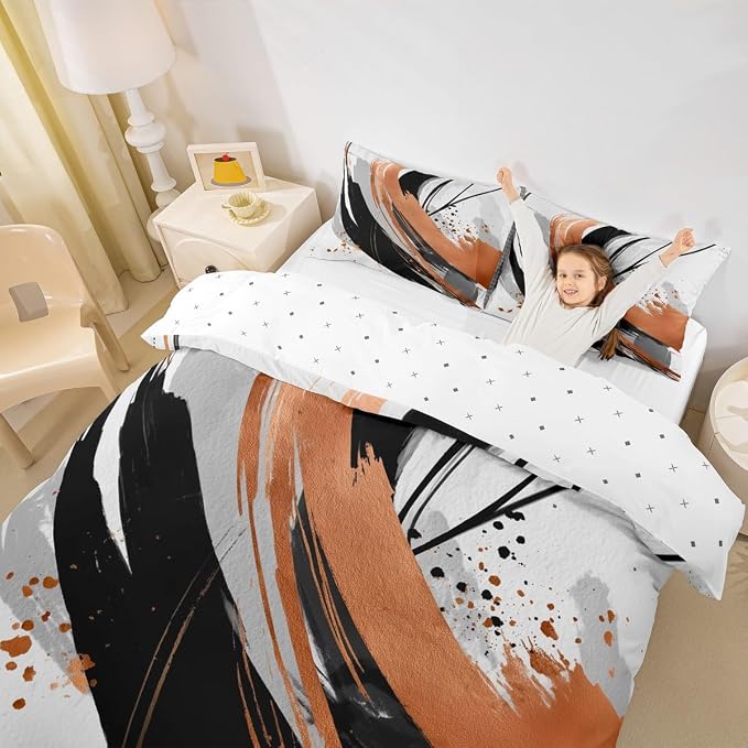 Erosebridal Black Burnt Orange Duvet Cover Full - Modern Geometric Decorative Abstract Bedding Striped Bed Set for Boys Adults Girls Minimalist Graffiti Aesthetic Lines Bed Cover