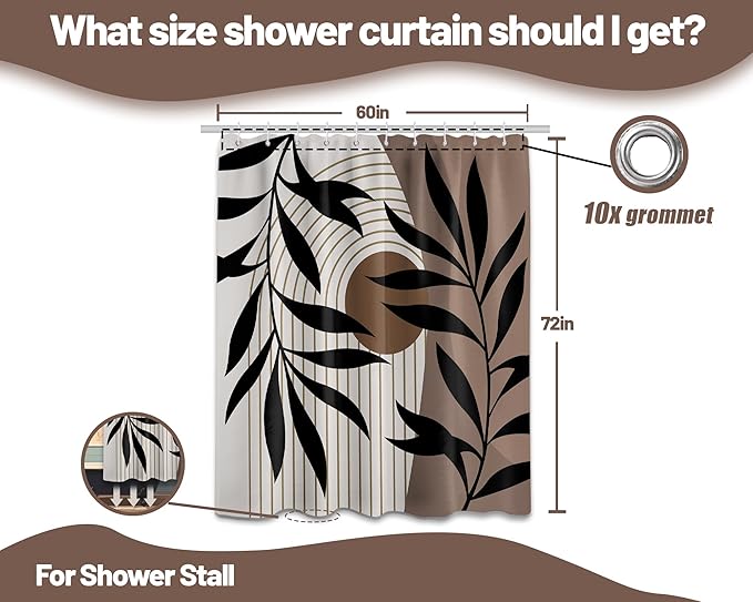Brown Shower Curtain Boho Mid Century Dark Brown Shower Curtains for Bathroom Decor, Black and Tan Waterproof Cloth Fabric with Hooks, 60" W x 72" L