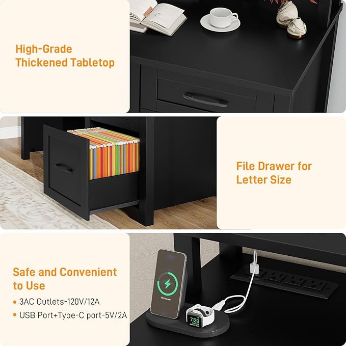 Vabches 47" Farmhouse Executive Desk with Monitor Stand & File Cabinet,3 Drawers Computer Desk with LED Lights and Power Outlets,Workstation for Home Office, Study,Writing.Pure Black