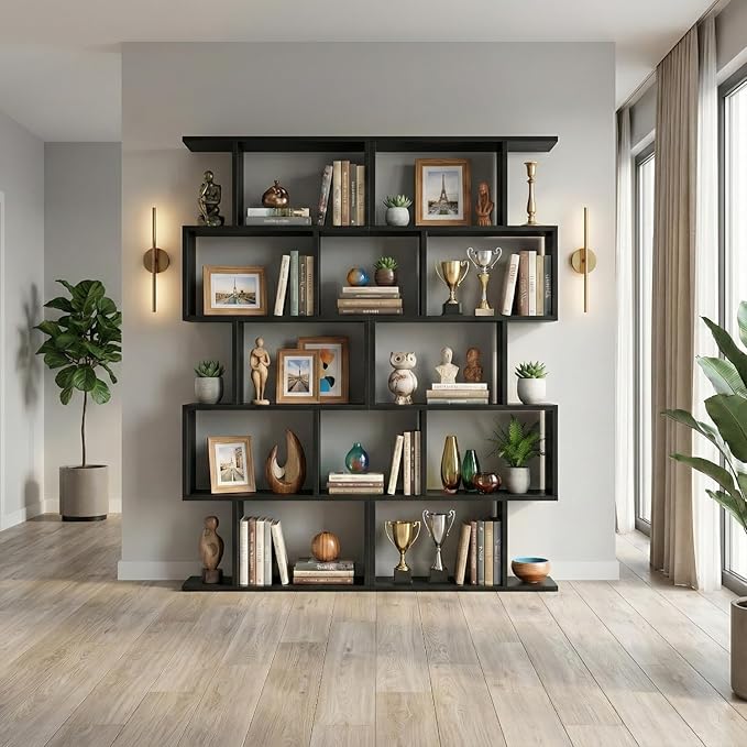 5-Tier Geometric Bookcase (Set of 2), 62.6" Tall S-Shaped Bookshelf & Room Divider, Modern Black Freestanding Display Shelving Unit for Living Room, Hallway, Home Office