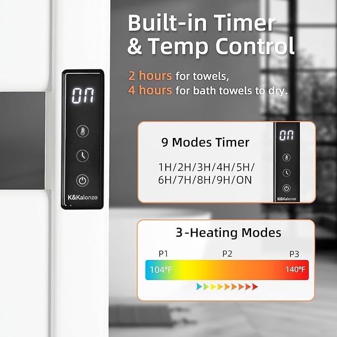 K&KALONZO Smart Electric Towel Warmer with 3-Level Timer & Temp Control, 2H Rapid Dry Aerospace Aluminum Heated Towel Rack, Hardwired/Plug-in Wall Mounted Towel Heater with 4 Hooks, White,H2-W