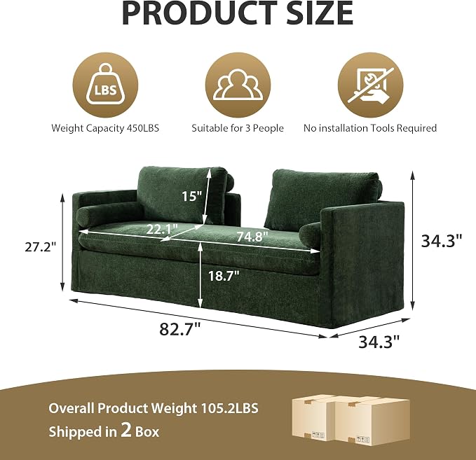 Chifee & Vingol 82.68" Oversized Chaise Lounge Indoor Modern Upholstered 2-Seater Daybed Sofa Bench with Pillows & Armrests Lounge Sleeper Sofa for Living Room Bedroom Office,Green