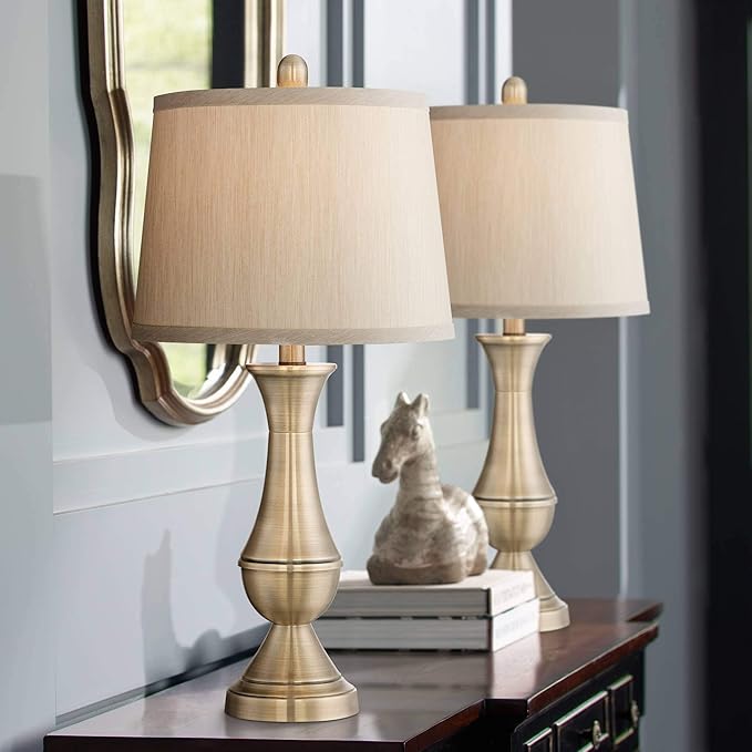 Regency Hill Becky Traditional Table Lamps 24.75" High Set of 2 Antique Brass Gold Metal Beige Tapered Drum Shade Decor for Living Room Bedroom House Bedside Nightstand Home Office Entryway