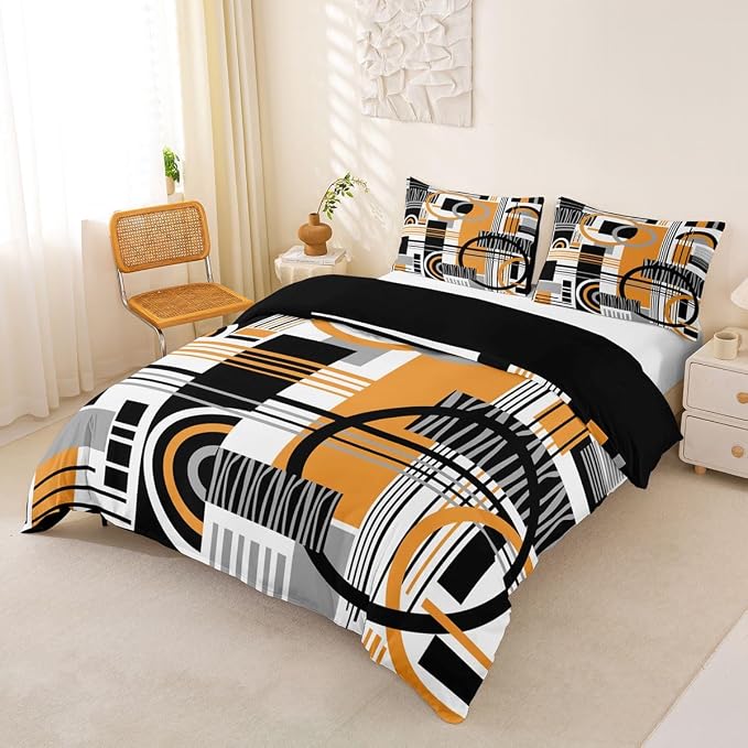 Erosebridal Art Deco Mid Century Duvet Cover Set Retro Modern Abstract Geometric Girl Toddler Bedding Set for Young Boys Black and White Yellow Circles Stripes Comforter Cover Contemporary Bed Sets