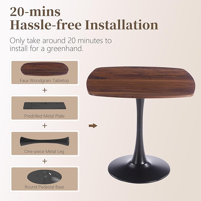 Square Dining Table,31.5" Tulip Table with Metal Pedestal,15-Minute Quick Assembly,Mid Century Modern Leisure Table for Kitchen Small Places Cafe (Faux Walnut)