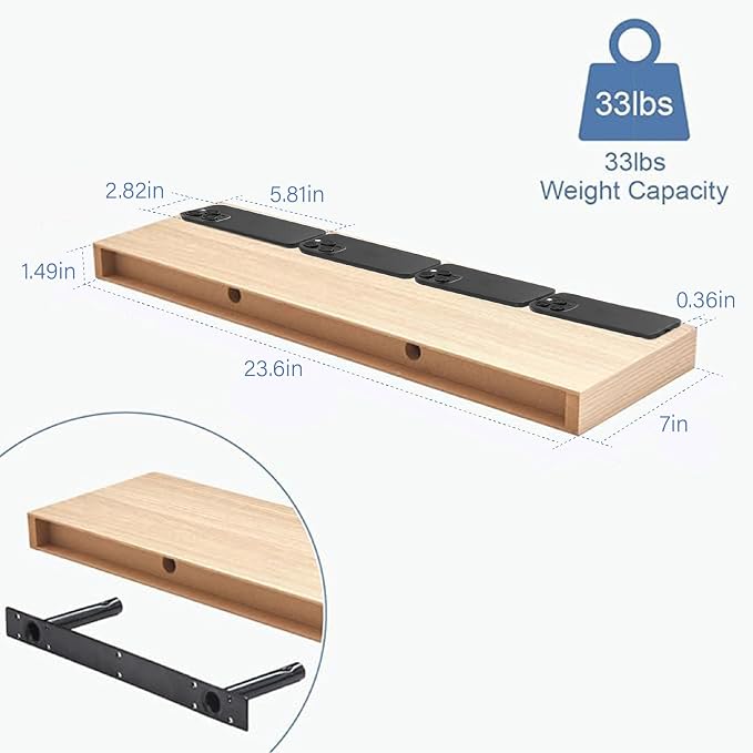 Oak Floating Shelves for Bathroom & Living Room Decor, 24 Inch Rustic Wood Wall Mounted Shelves for Plants, Books, Towels & Storage Display, Set of 2