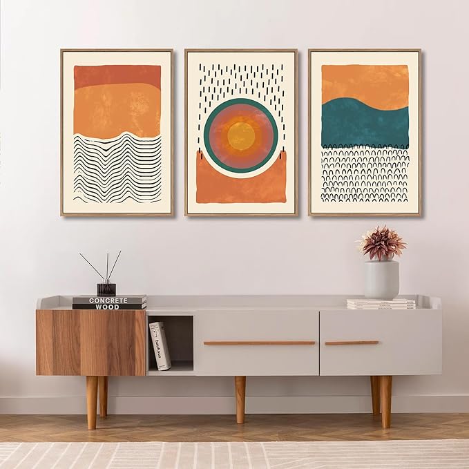 HPINUB Boho Abstract Framed Canvas Prints Wall Art Set, Mid-Century Color Block Shape Wall Decor, Minimalist Illustrations Art Photos for Living Room, Bedroom, Dining Room, Office, Bathroom-24"x36"x3