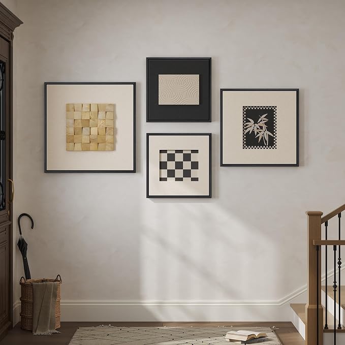 Large Framed 3D Wood Wall Art for Living Room, 4 Piece Modern Geometric Textured Paintings Artwork for Walls, Neutral Black and White Minimalist Wooden Home Wall Decor for Dining Room Hallway Bedroom