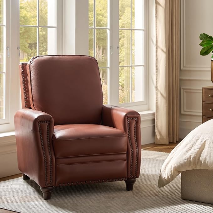 HULALA HOME Genuine Leather Manual Recliner Chair,Classic Push Back Reclining Armchair Sofa with Thick Seat, Adjustable Backrest & Nailhead Trim for Living Room Home Theater (Brown)