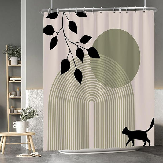 Baocicoo Minimalist Boho Shower Curtain Mid Century Silhouette Cat Botanical Shower Curtain for Bathroom Home Bathtub Living Room Decor Fabric Waterproof Curtain for Bathroom with Hooks 72x84 Inches