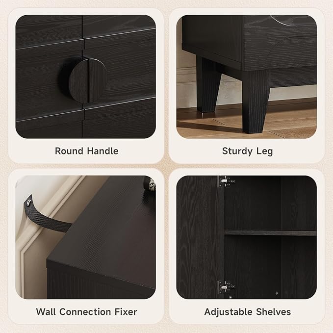 ONBRILL 63" Sideboard Buffet Cabinet with Storage, Large Buffet Cabinet with 4 Circular Panel Design Doors and Adjustable Shelves, Modern Sideboard for Living Room, Kitchen (Black)